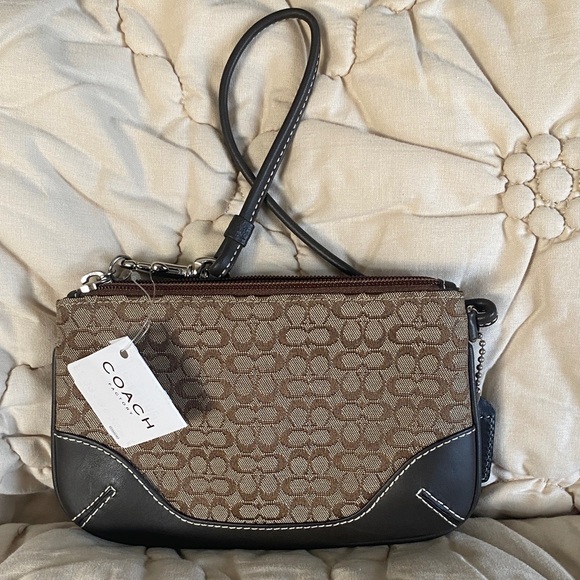 Coach Signature Tan and Brown Wristlet - Picture 1 of 2
